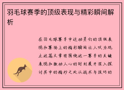 羽毛球赛季的顶级表现与精彩瞬间解析